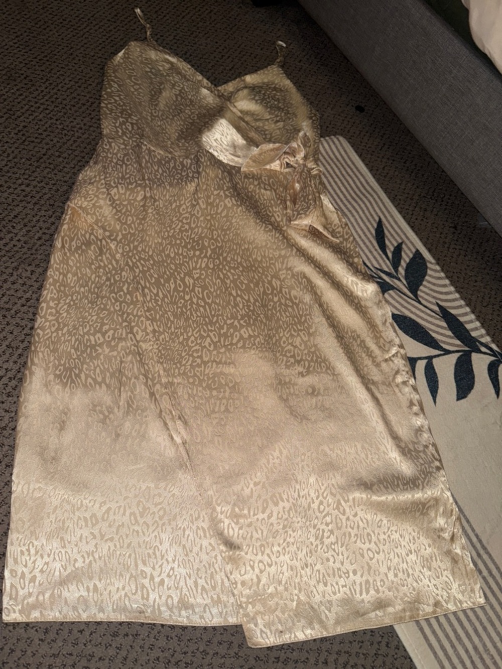 Gold Satin Slip Midi Dress with Subtle Leopard Jacquard